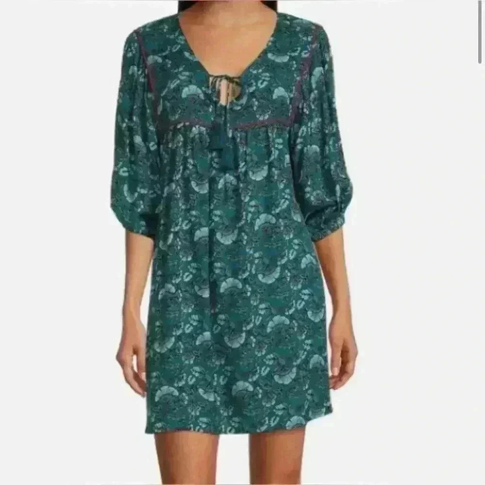 Band of the Free Boho Mallory Mini Dress in Deep Teal Aqua. Size Large. NWT!